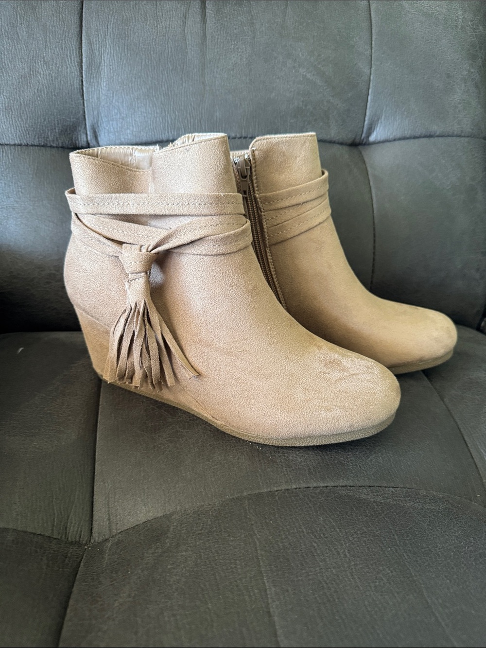 Pierre Dumas Taupe Suede Tassel Wedge Booties